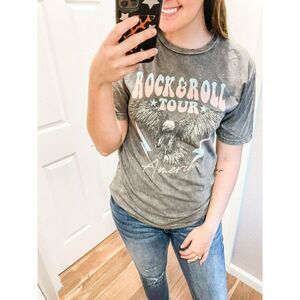Rock n Roll Eagle Lightning Bolt Print Graphic Tee Boho Lotus Fashion Stone Grey